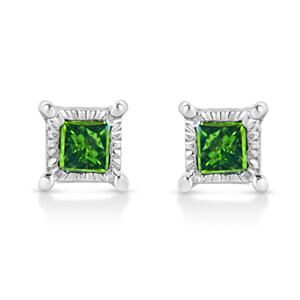 Haus of Brilliance Sterling Silver Princess-Cut Green Diamond Stud Earrings